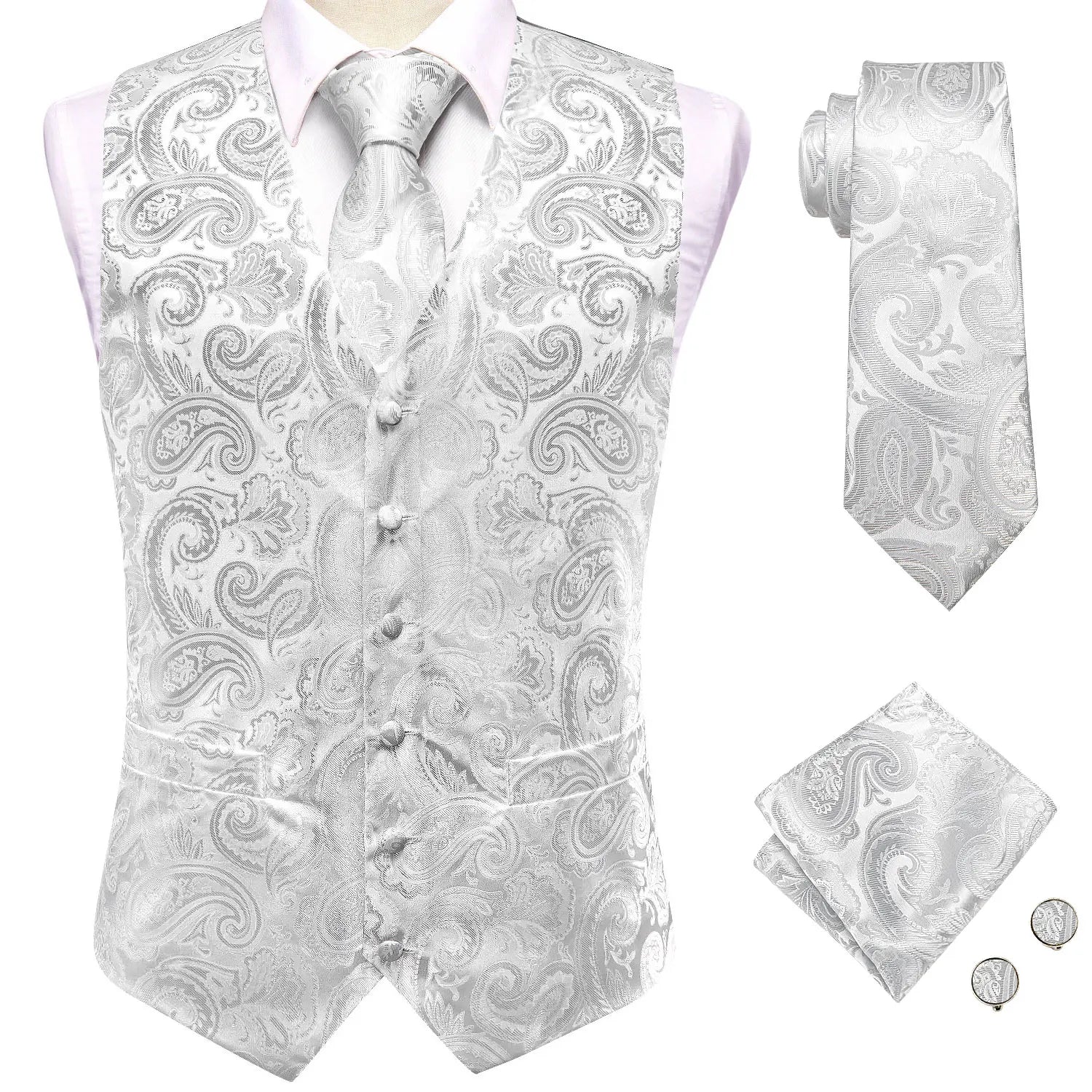 Mens Suit Vest Tie Hanky Cufflinks Jacquard Floral Paisley Waistcoat
