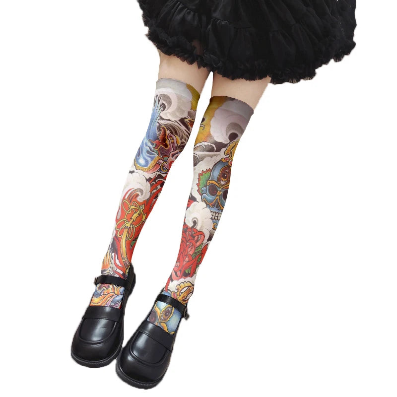 Women's Sexy Thigh-high Stockings Trend Tattoo Full Print Pattern 3D Qme style9 60CM