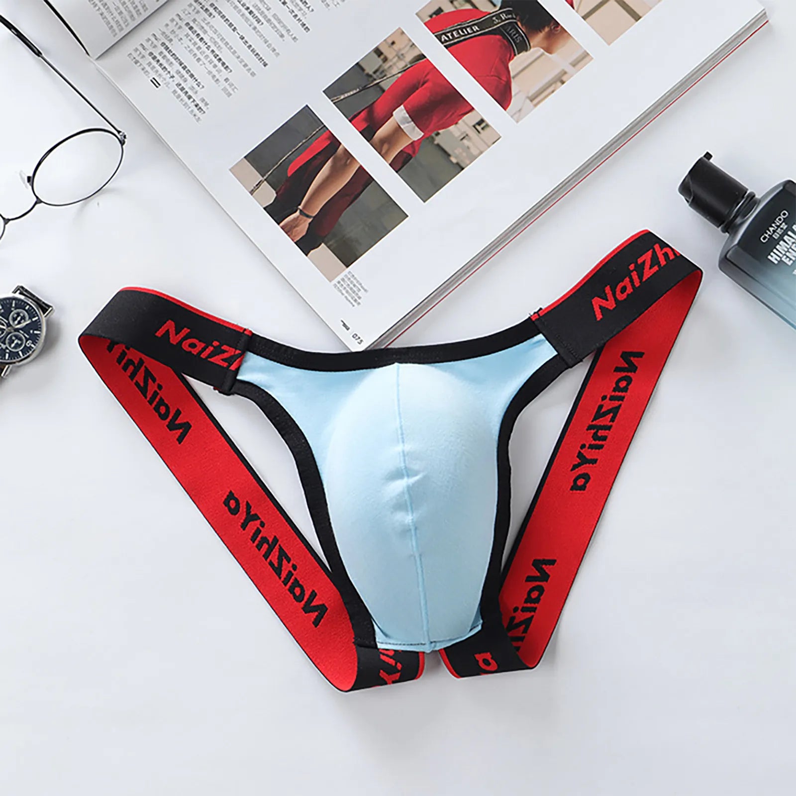 Male Fashion Sexy Letter Erotic Panties Thong Low Waist Casual Breathable T-Pants Bladder Soft and Comfortable Briefs Qme Light Blue XXL