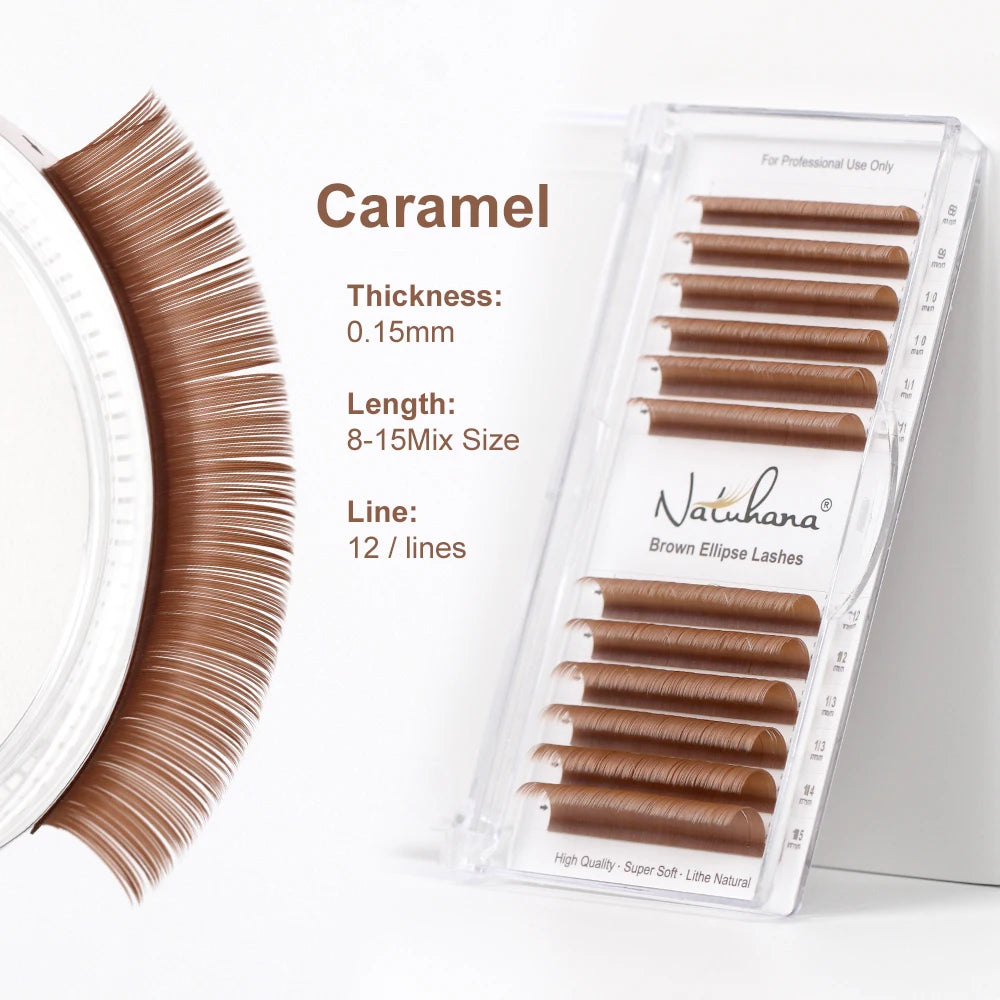 NATUHANA Brown Ellipse Flat Eyelashes Extensions Matte Faux Lashes Qme Caramel D 0.15MM|Mix 8-15mm