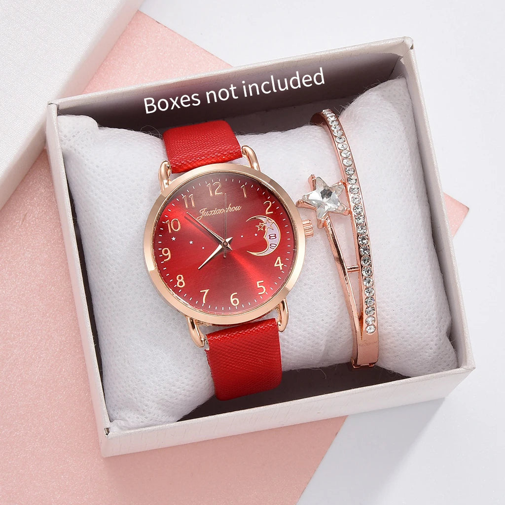 2PCS Fashion Moon Dial Women Quartz Watch Bracelet Set Casual Leather Strap Ladies Wristwatch Reloj Mujer（Without Box） Qme Red No Box