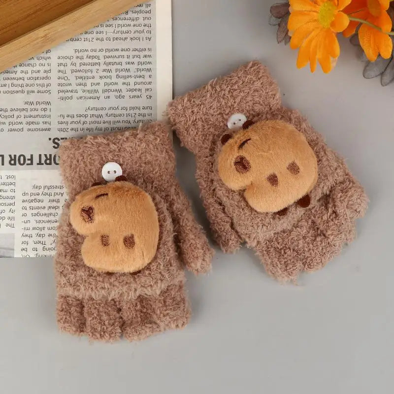 Cartoon Capybara Plush Gloves Children Winter Warm Flip-top Qme A1