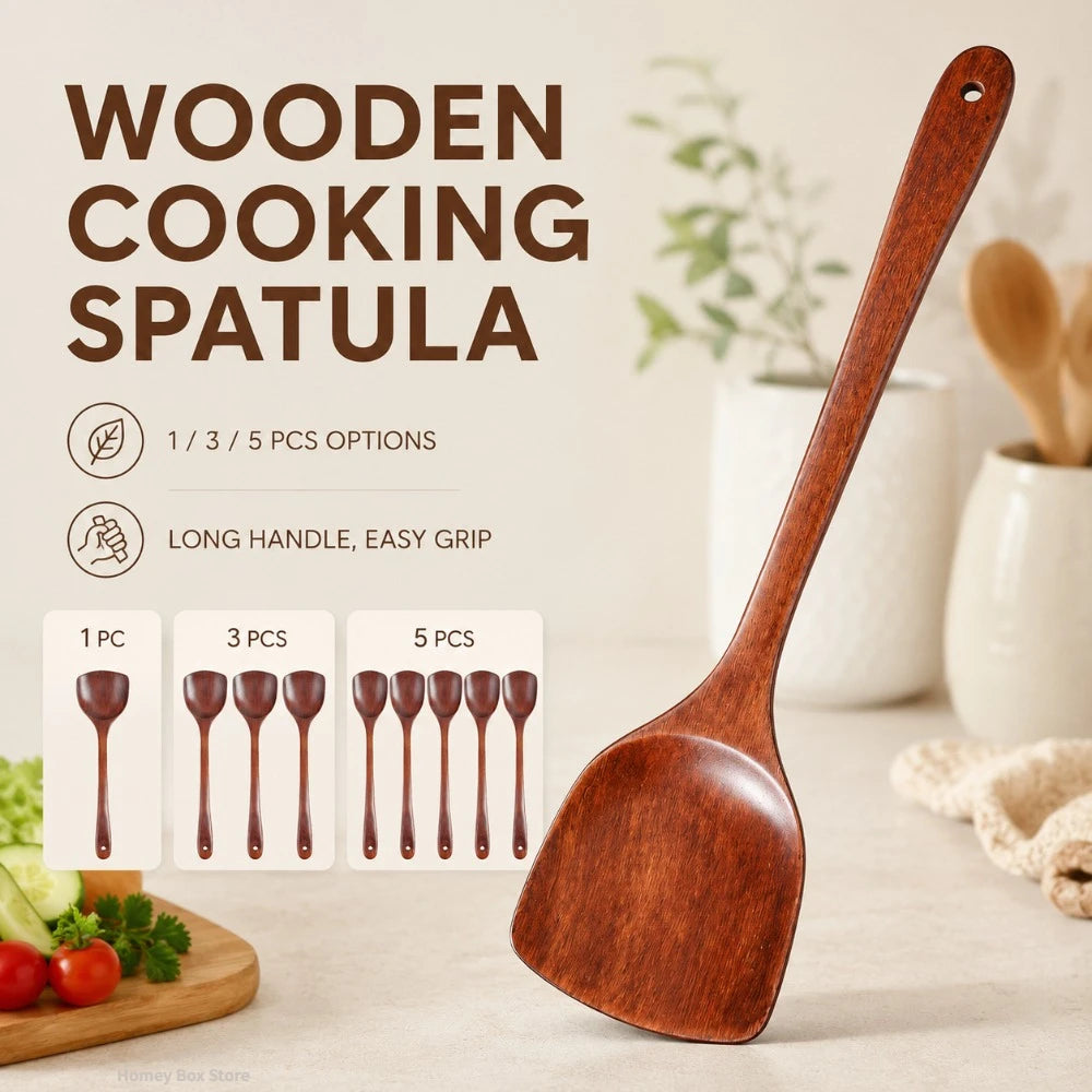 1/3/5 Pièces Wooden Spatula Spatule Cuisine Longue Poignée Bois Antiadhésive Accessoire Cuisine Pour Cuisson Ménage Qme