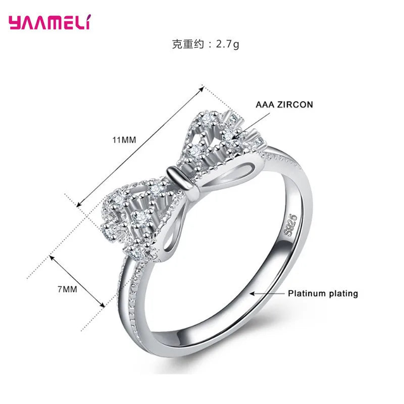 Sparkling 925 Sterling Silver Color Wedding Rings for Women Cubic Zircon Crystal Bowknot Fashion Engagement Ring Qme