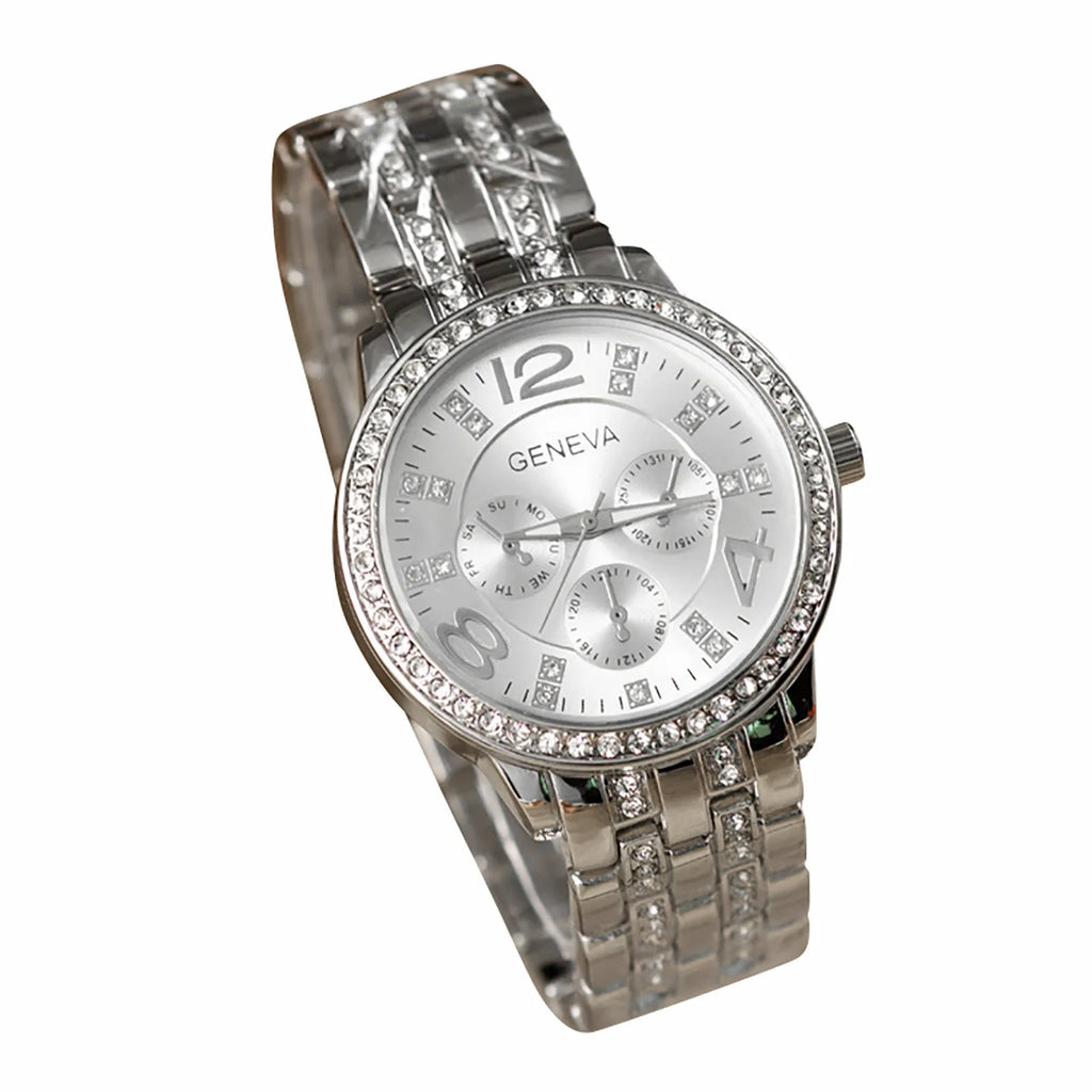 Female Fashionable Exquisite And Versatile Simple Business Alloy Stainless Steel Band With Diamond Quartz Round Wrist Watch Qme