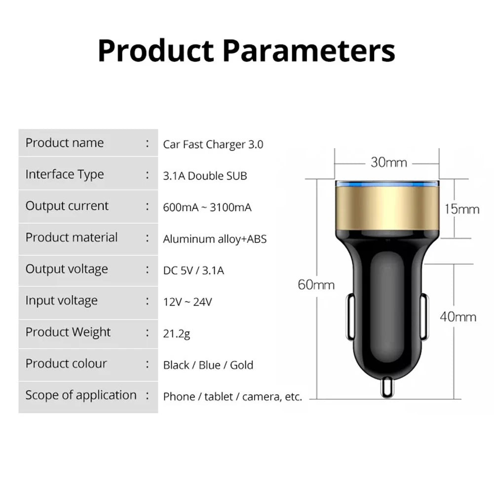 Cigarette Lighter Socket Dual USB 2 Port Cigarette Lighter Adapter 3.1A Super Fast Charging Aluminum Alloy Voltmeter LCD Display Qme