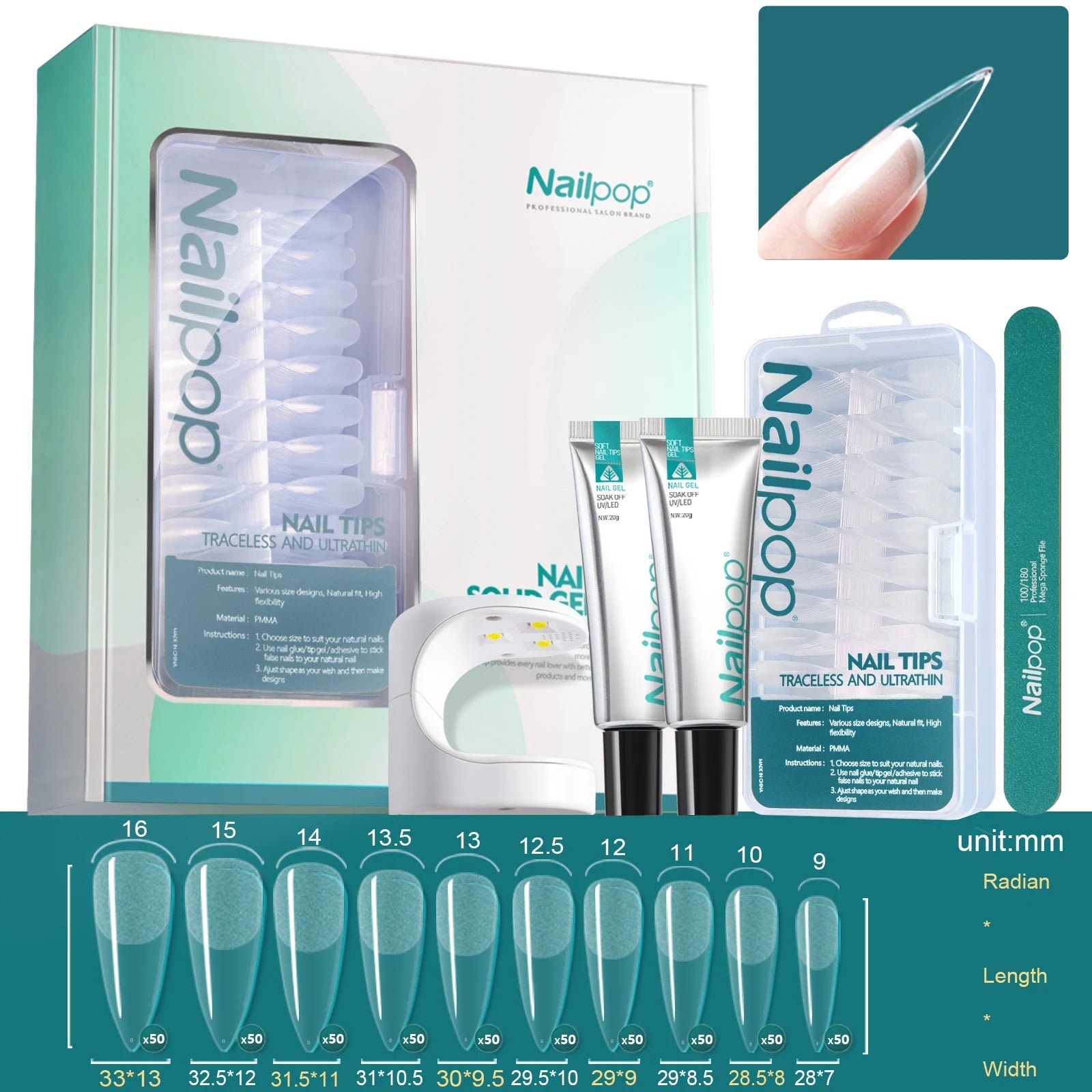 Nailpop Salon Nail Soft Gel Polish UV LED Lamp Tips Double File DIY Qme MJT-SET-66c