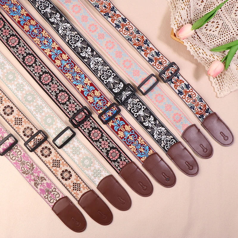 Guitar Strap Bass Cotton Leather Embroidery Straps Adjustable Neck Qme