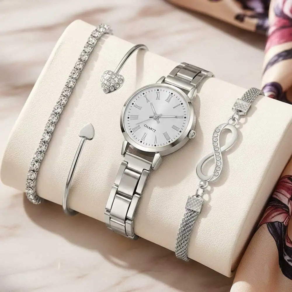 4PCS Golden Simple Roman Disc Women's Steel Belt Watch Love Bracelet Unlimited Diamond Set Bracelet Qme Silver