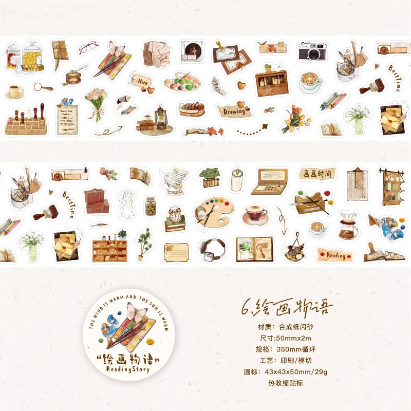 1 Roll Cute Cartoon Food Camping Glitter Die-Cut Tape for DIY Scrapbook Frame Collage Laptop Phone Mug Luggage Guitar Decoration Qme 6