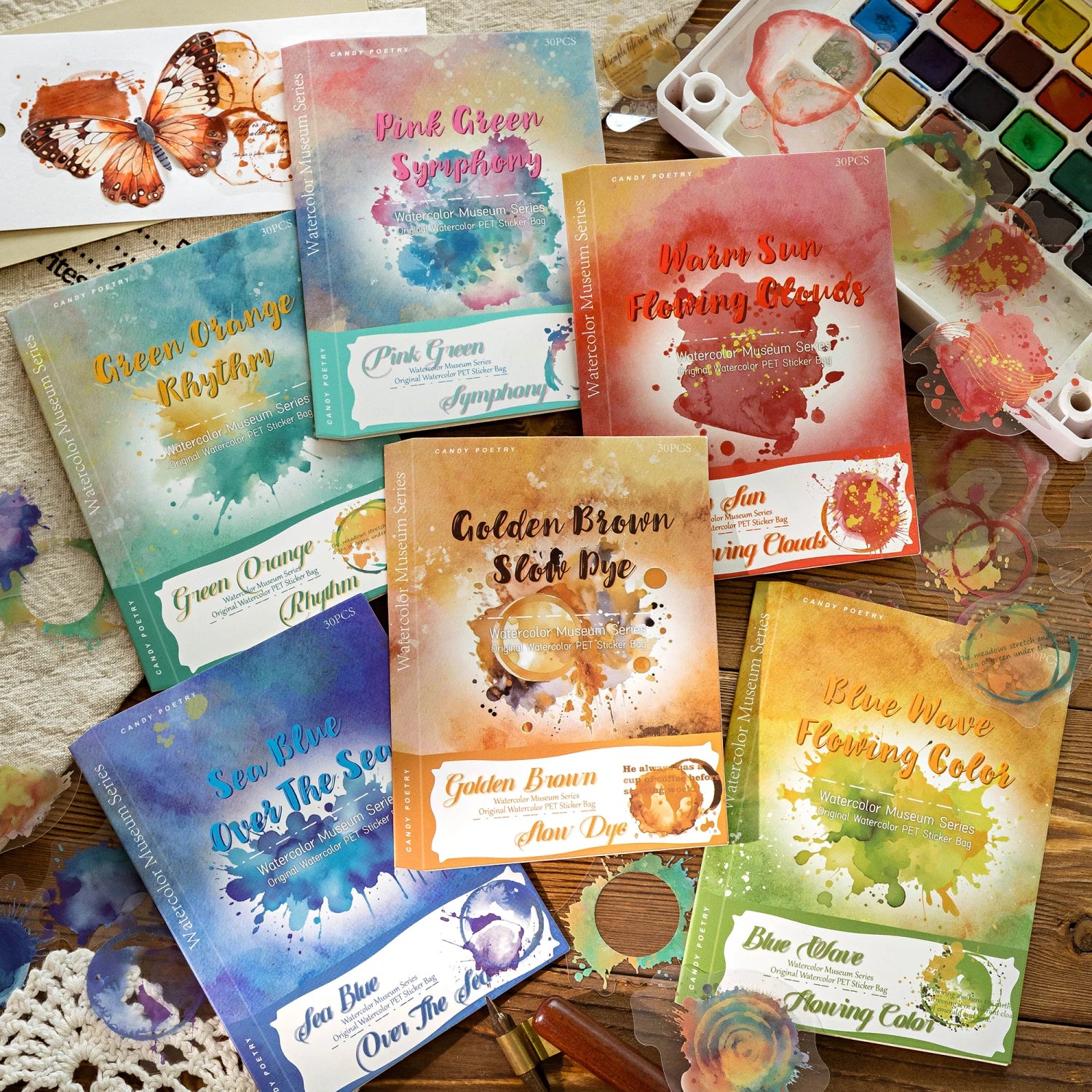 30 pcs Watercolor Trace Pattern PET Sticker Creative Stationery DIY Deco Journal Material Collage hand tent Scrapbook supplies Qme