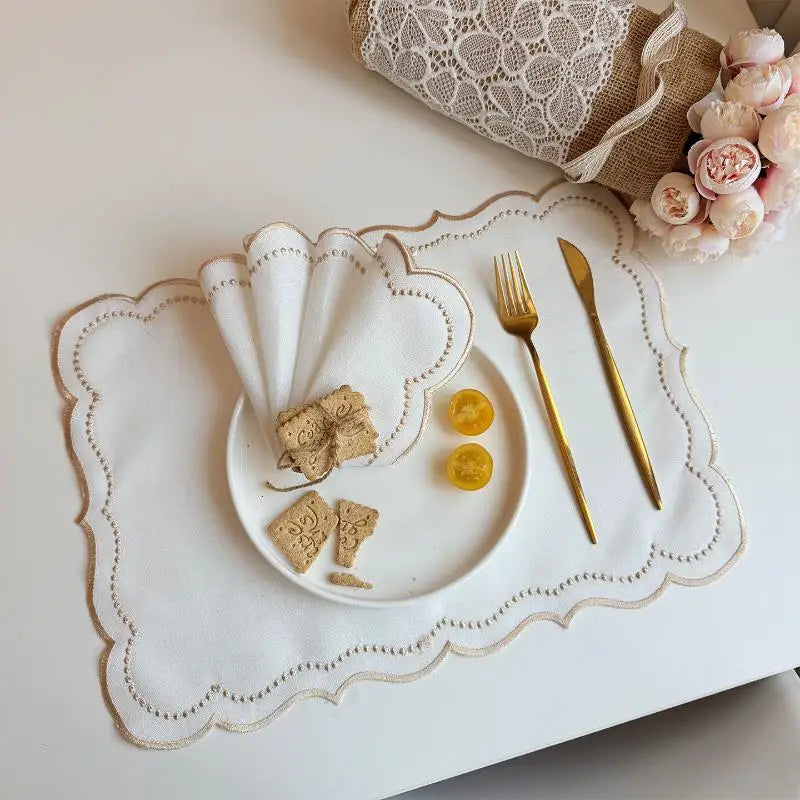 Embroidered Placemat Flower Shaped Polyester Cotton Napkin Coffee Qme A4