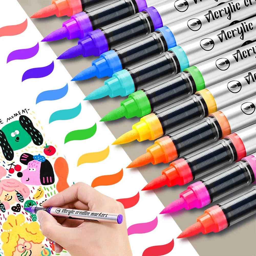 Acrylic Paint Pens Set 12 Pcs Brush Tip Acrylic Paint Pens Set for Artist Creation DIY Handcraft General Painting Stationery Qme