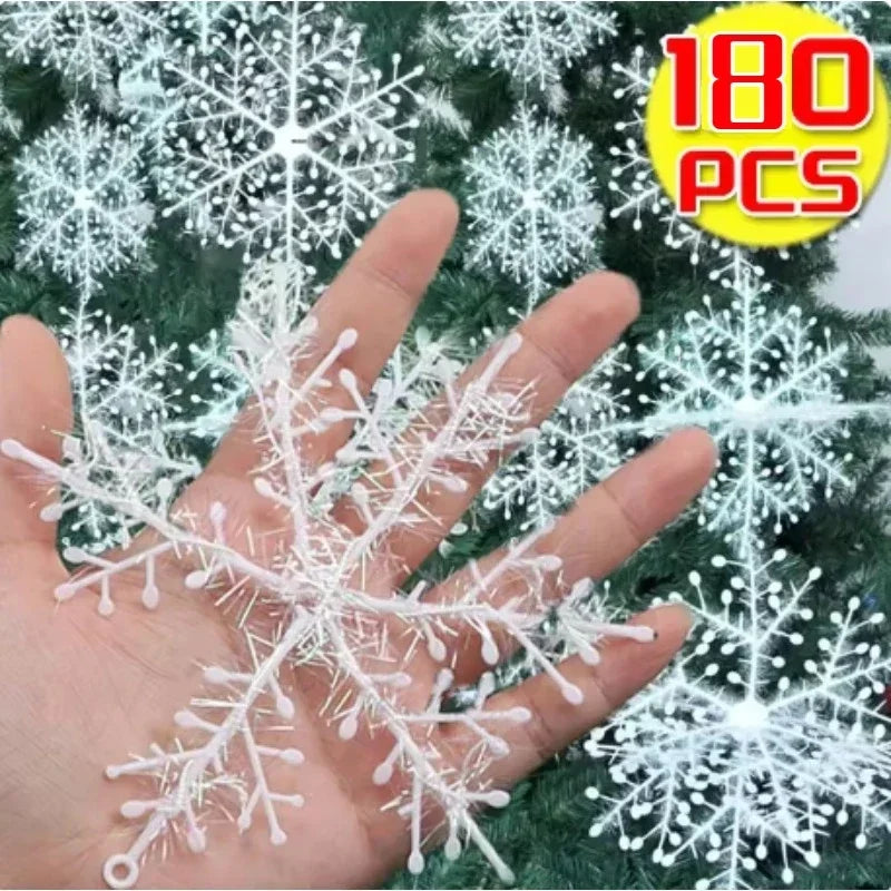Christmas Plastic White Snowflakes Ornaments Xmas Tree Hanging Pendant Artificial Glitter Snow Flake Home DIY Wreath Decoration Qme