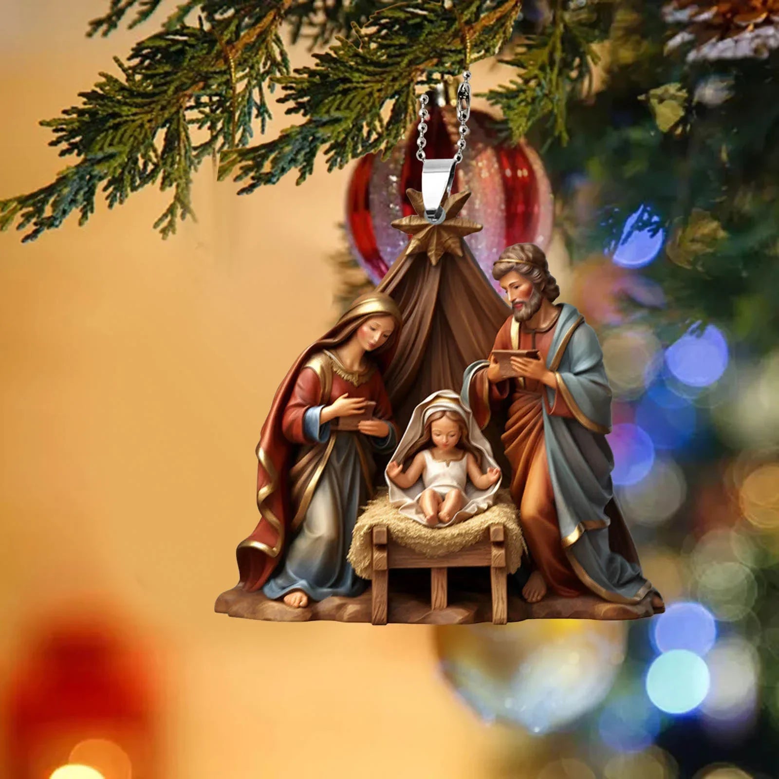 Christmas Tree Jesus Pendant Ornament Family Prayer Scene Pendant Bright Colored Car Decoration Pendant Home Decorations Qme