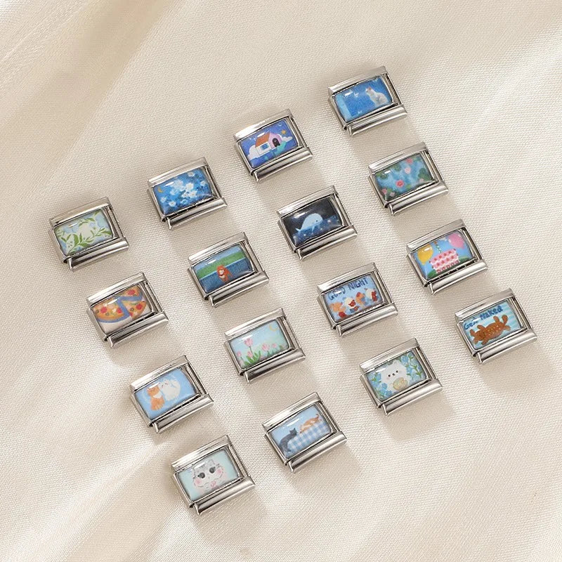 Romantic Summer Lotus Leafs Palette Flowers Cat Butterfly Italian Charm Links Fit 9mm Bracelet Stainless Steel Jewelry DIYMaking Qme