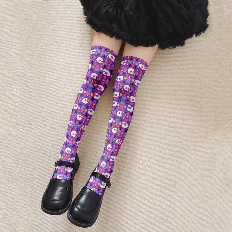Fun Skull Pattern Women's Long Stockings Fashion Printing Trend Qme style8 One Size