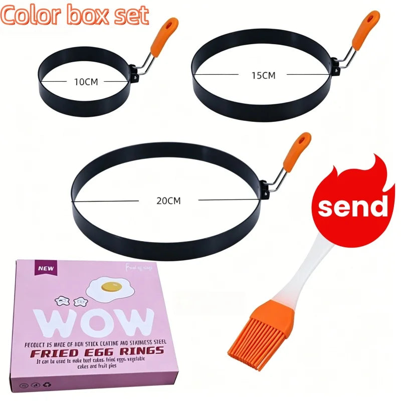 Stainless Steel Omelette Mold Professional Egg Ring Pancake Ring with Silicone Handle Oil Brush for Fried Eggs Omelets Muffins Qme 3-piece set