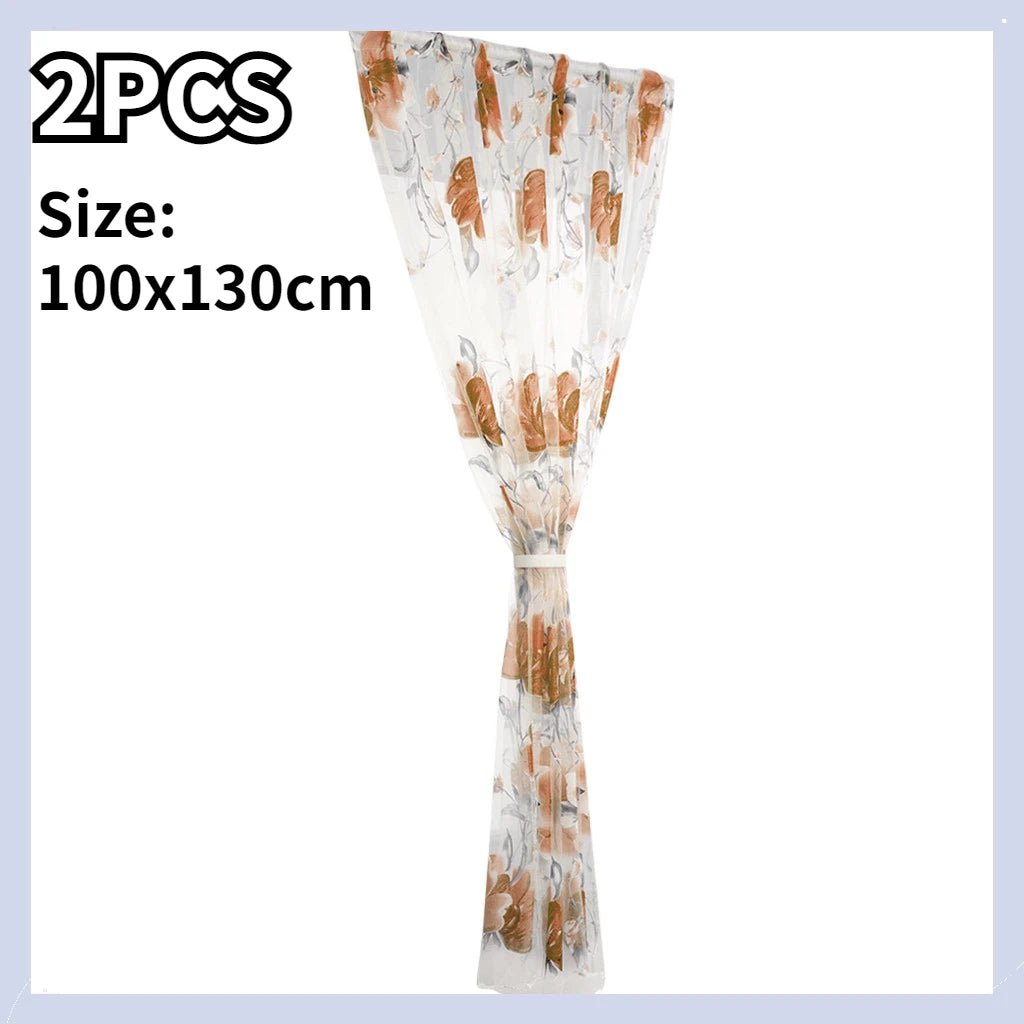 1/2 PCS Vines Leaves Tulle Door Window Curtain Drape Panel Sheer Scarf Valances Colorful Floral Pattern Transparent Curtains Qme Coffee 1