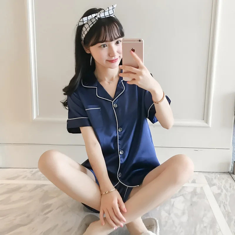 A Women's Sleepwear Simple Satin Pajama Set Long Sleeve Buttons Lapel Top With Elastic Pants Loungewear Nightwear 2 Piece Nighty Qme Double Short Blue 5XL
