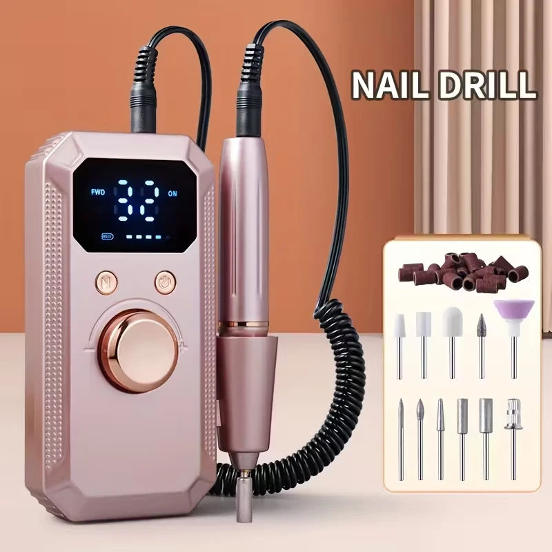 New Professional Electric Nail Art Drill Portable Electric File HD Display Multi Head Replaceable Nail Art Lathe Grinder Qme Gold
