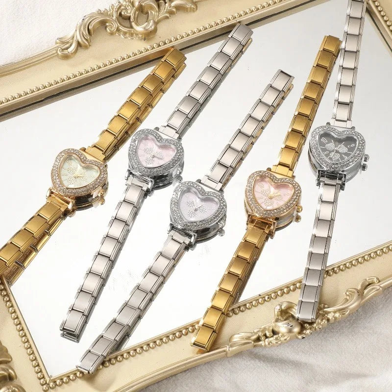 2026 Wholesale Love Heart Oval Dial Watches Women's DIY 9MM Width Italian Elastic Charm Stainless Bracelet Bangle Jewelry Gift Qme