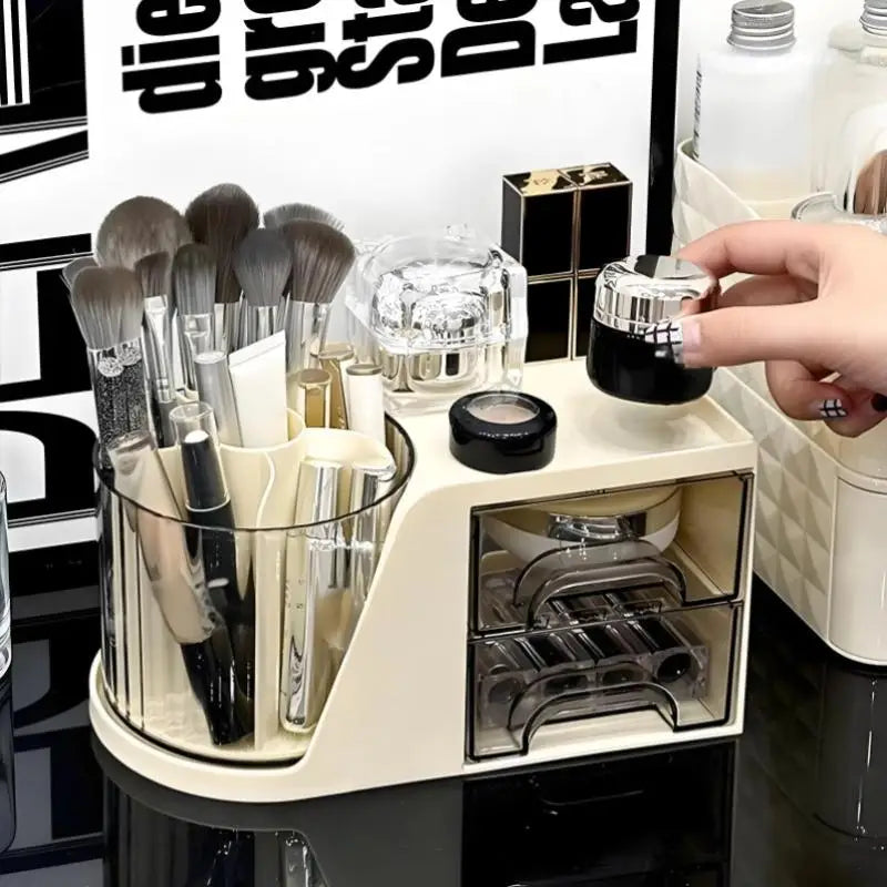 Drawer Plastic Pen Holder Cosmetic Storage Box 2-in-1 Rotating Qme