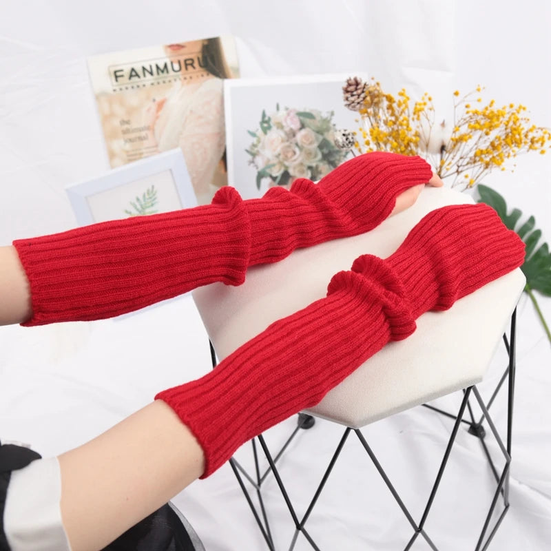 Women Long Fingerless Gloves Soft Female Glove Lolita Kawaii Mitten Qme Red length-52cm