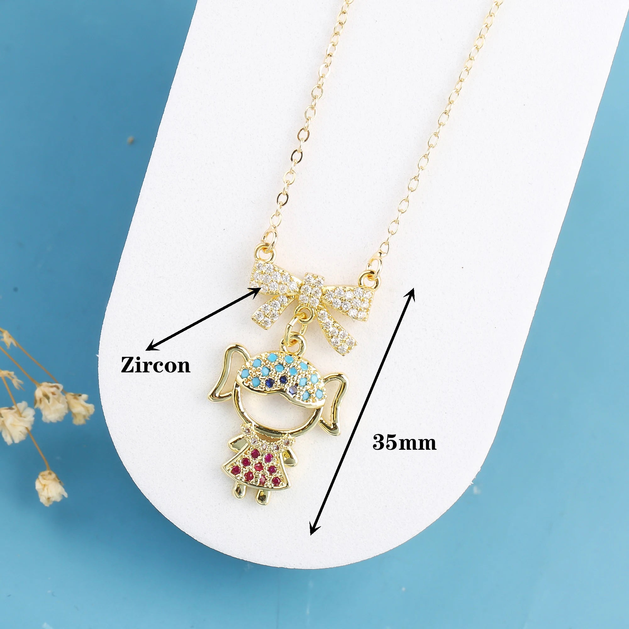 INS Hot Sale Colorful Zirconia Boys Girls Theme Character Bow Pendant Necklace Fashion for Man Woman Daily Party Neck Jewelry Qme