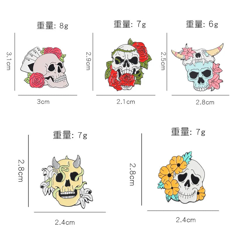 Flower Skeleton Enamel Pins Skull Badges Punk Plant Brooches Lapel Clothes Backpack Gothic Women Men Kids Jewelry Gift Wholesale Qme