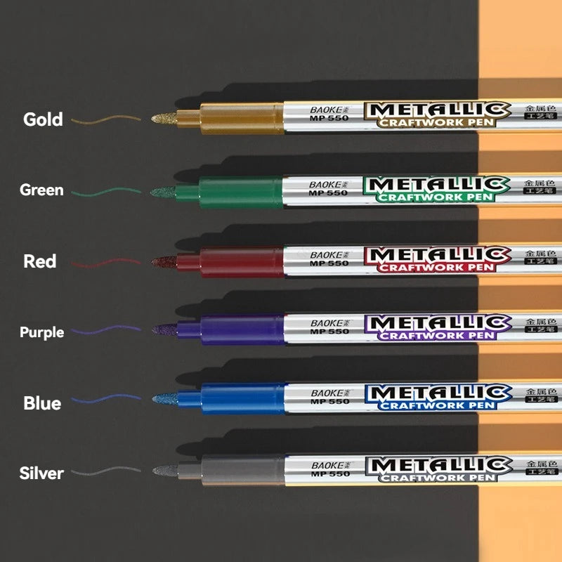 6 Colors Permanent Metallic Paint Pens Markers, for Canvas, Rock Painting,Glass, Ceramic Surfaces,DIY Photo Album Scrapbooking Qme 6 colors