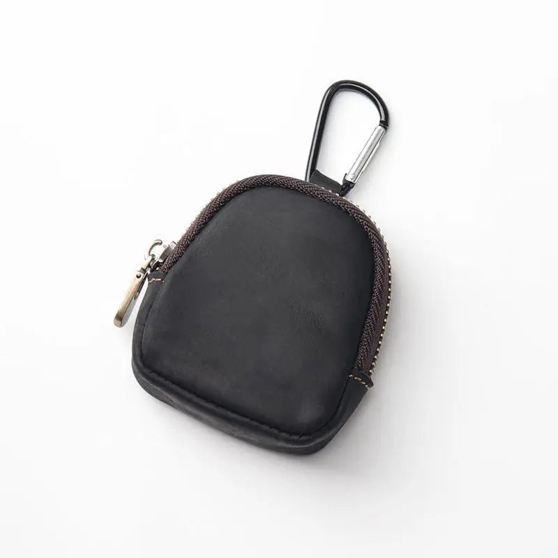 Crazy Horse Leather Earbuds Key Wallet Zipper Shell Design Multi-use Qme black