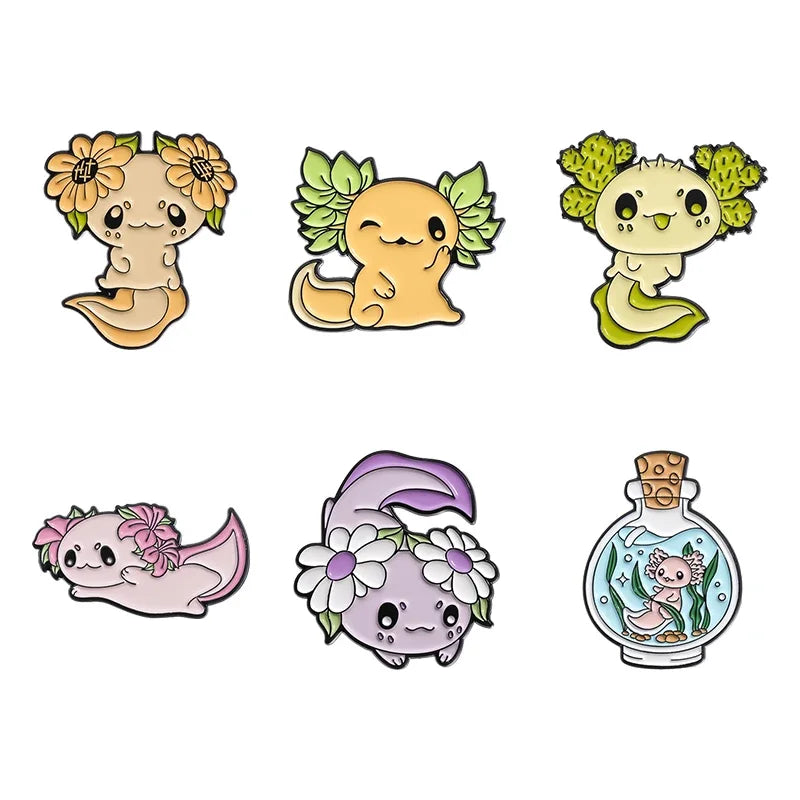 Cute Ocean Creatures Brooch Enamel Pins Cartoon Kawaii Axolotl Lapel Metal Badge Brooches for Backpack Jewelry Gift Qme set