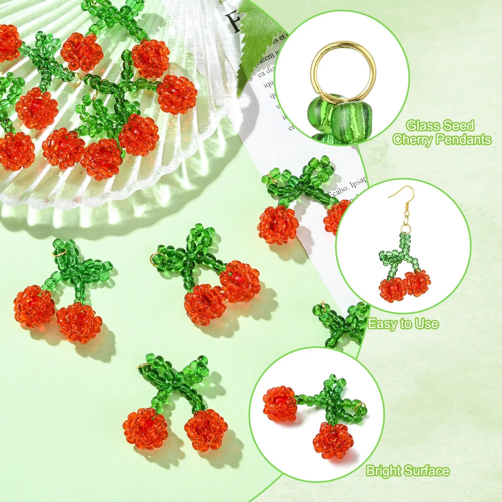 Pandahall 10Pcs Red Cherry Glass Charms Handmade Glass Seed Beaded Pendants 3D Fruit Cherry Dangle Charms for DIY Jewelry Making Qme