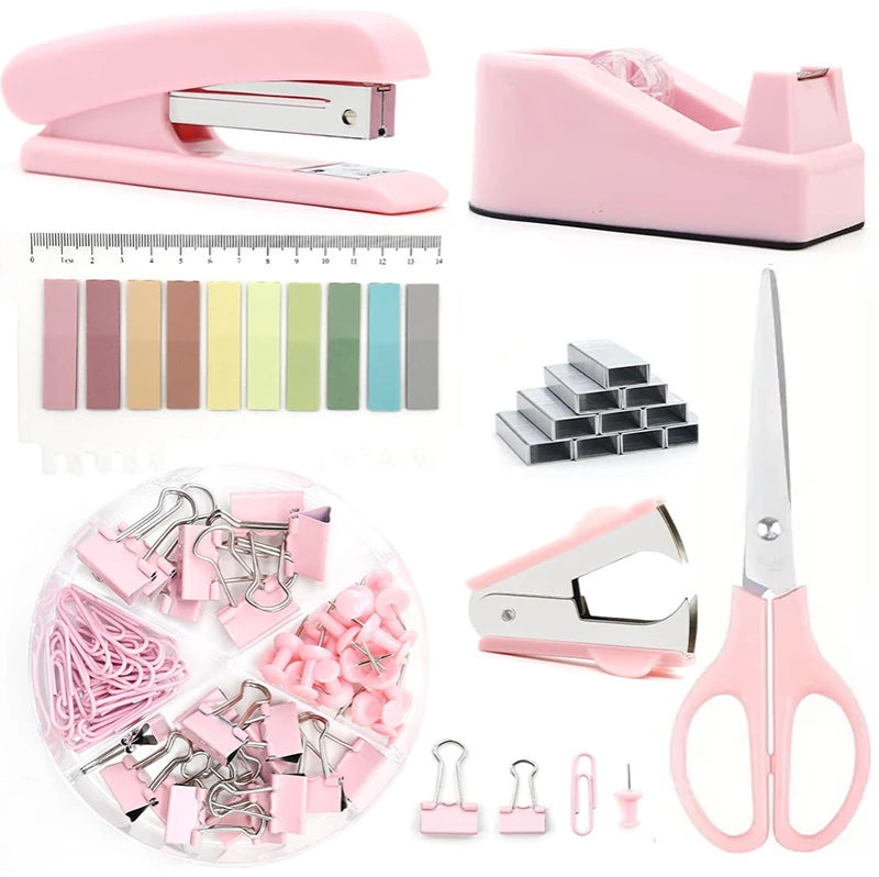 7Pcs/Set Organizer Accessories Set Office Supplies Stapler Staple Remover Paper Clips Back To School Student Stationery Kit Qme Pink set