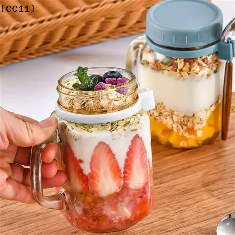 Overnight Oats Containers Handle Lid Spoon Glass Oatmeal Jars Cereal Qme