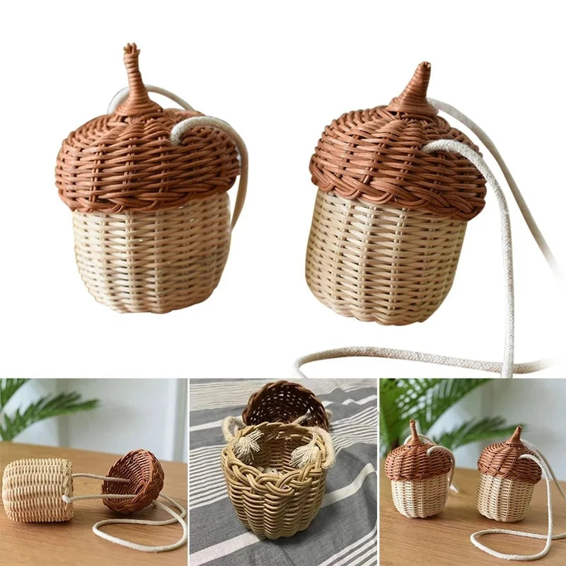 Acorn Shaped Storage Basket Handwoven Round Rattan Bucket Bag Qme
