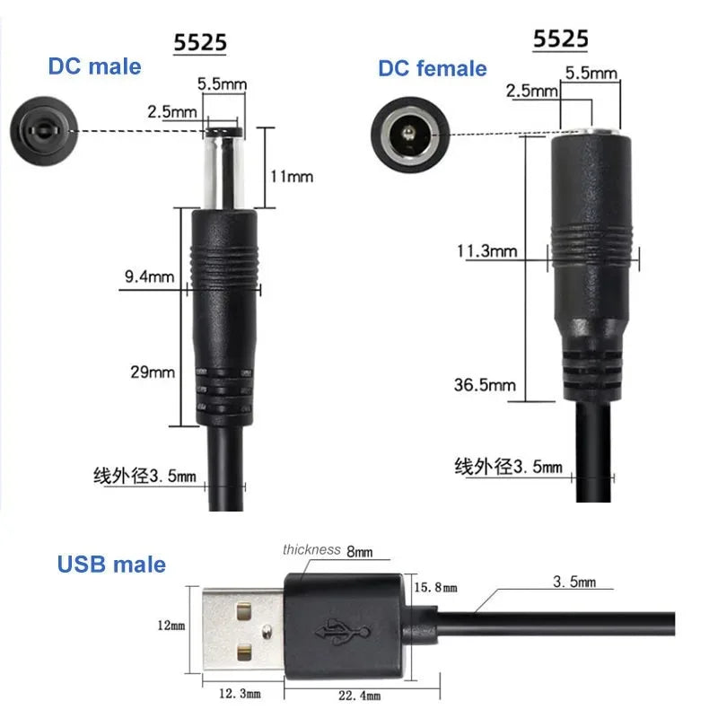 2PCS USB to DC5521 1 to 2 Power Cable Male to DC5525 Female Plug 2-Way Power Cord Qme