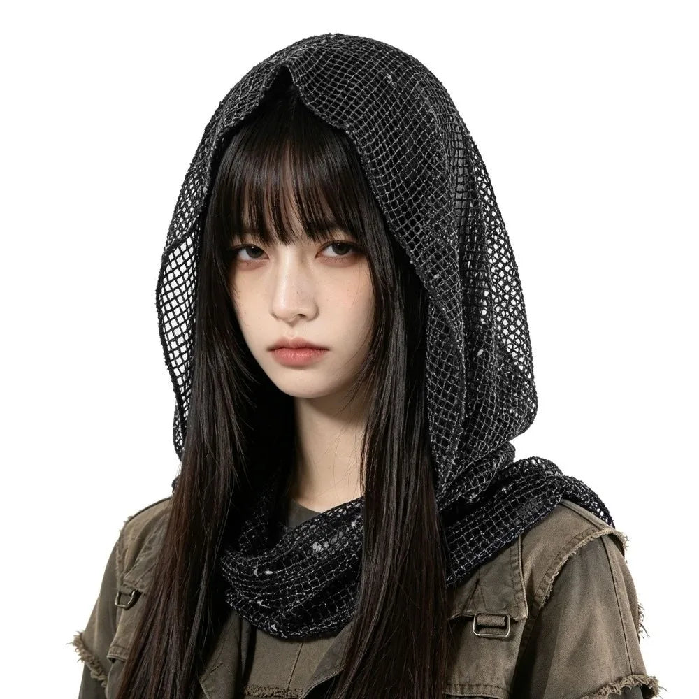 Vintage Solid Hooded Headscarf Y2k Breathable Head Wraps Scarf Qme Black