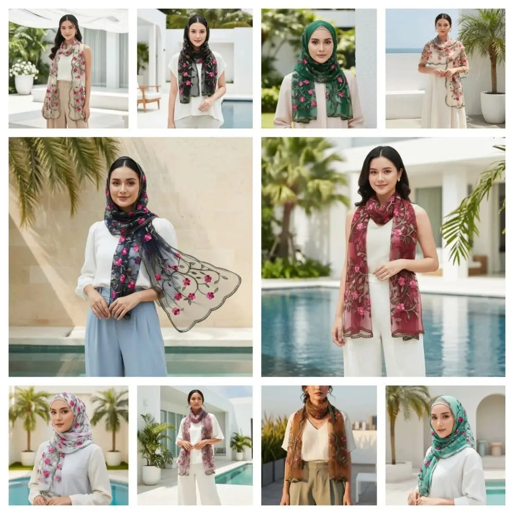 Ethnic Style Embroidered Floral Headwrap Breathable Lightweight Boho Sheer Shawl Skin-Friendly Soft Summer Hijab Qme