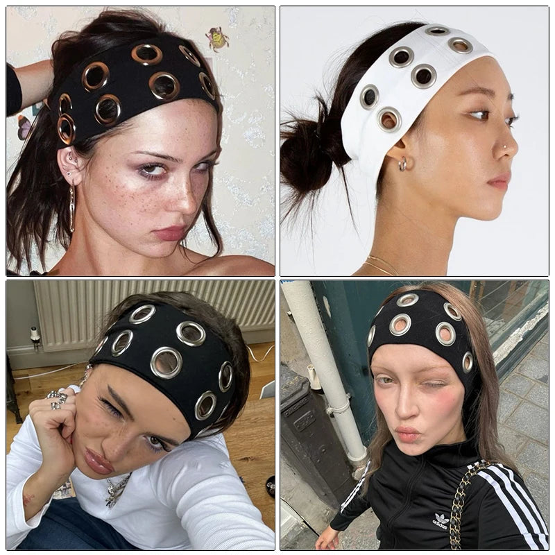 Punk Girl Fabric Hollow Elastic Headbands Metal Rock Personalized Hollow Eyelets Hair Band Casual Sports Grommet Headband Qme