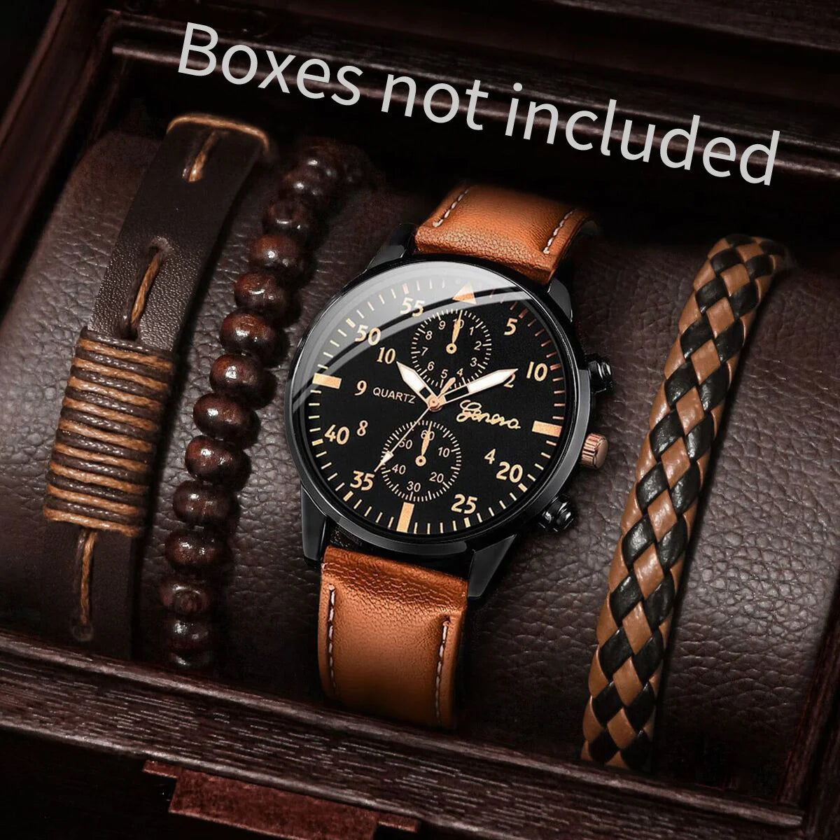 Relógio de quartzo de couro para homens, pulseiras vintage sem caixa, mostrador árabe, moda comercial, 4 pcs/set Qme brown