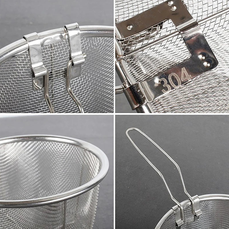 French Chip Frying Strainer Basket Stainless Steel Deep Fry Basket Kitchen Round Fryer Wire Mesh With Handle Wire Colander Nets Qme