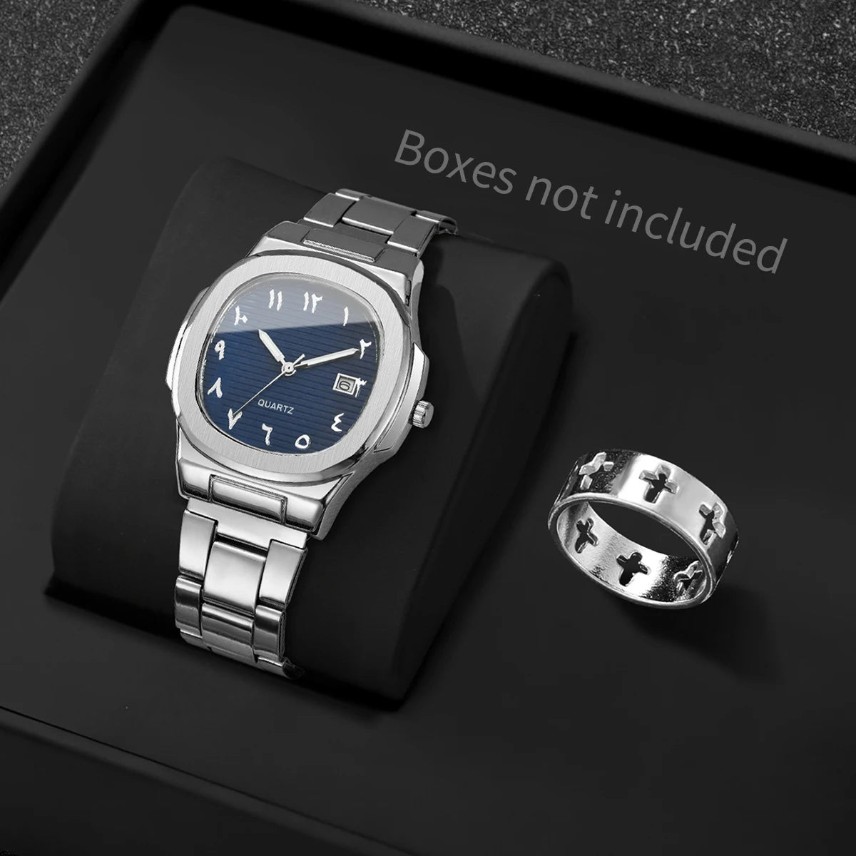 Men's Casual Silver Jewelry Set, Blue Dial Arabic Numeral Quartz Watch with Stainless Steel Band and Cross Cutout Ring Qme 2PCS No Box