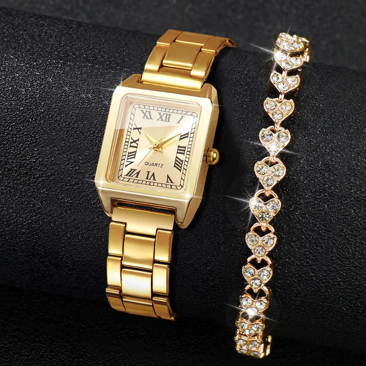Luxury Gold Tone Women Square Quartz Watch Heart Shaped Crystal Qme