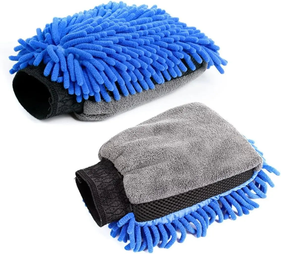Car wash gloves do not damage paint surface waterproof special Chenille polyps for car wipe rag brush car bear paw 100g Qme 2PCS-Blue