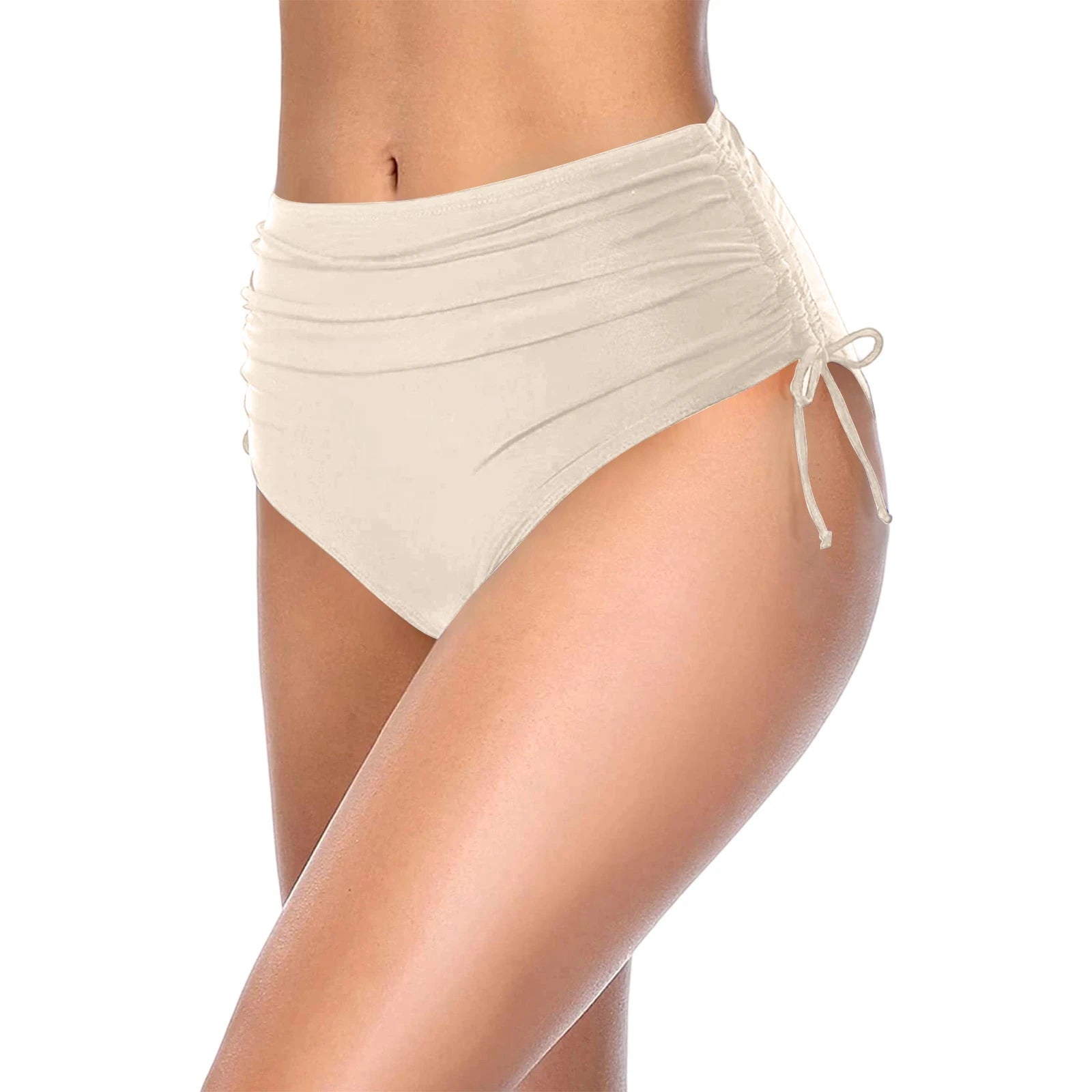 Basic Tight Swimming Bottoms for Female Solid Color High Waist Full Coverage Bikini Split Swimsuit Briefs Beach Drawstring Trunk Qme Beige L