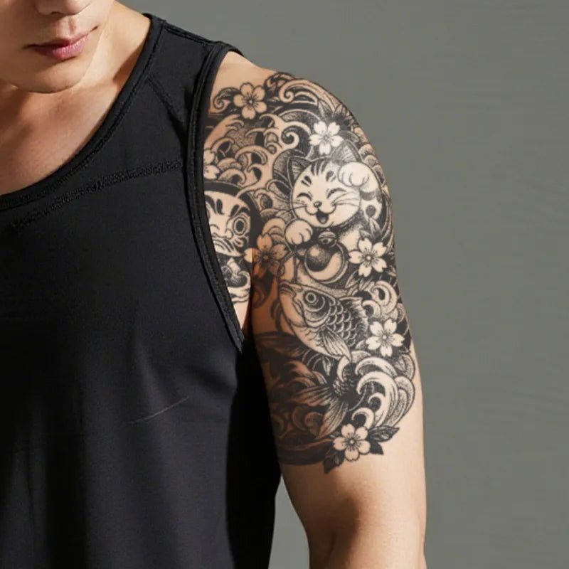 Lucky Cat Koi Fish Tattoo Sticker Waterproof Temporary Tattoo Japanese Style Dominant Design for Shoulder Chest Qme