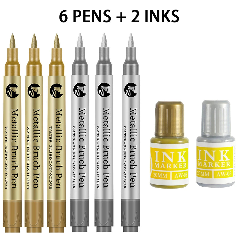 4-8Pcs Metallic Permanent Marker Pen Gold Silver Waterproof Paint Pen And Ink For DIY Rock Ceramic Glass Wood Craft Art Qme 6Pens - 2Inks