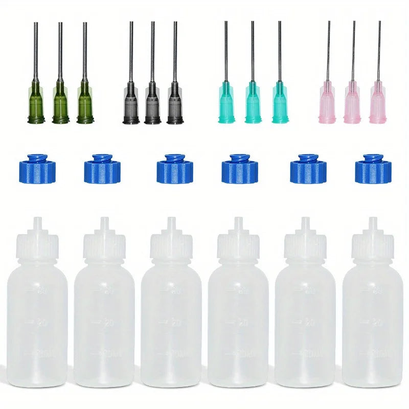 6 Pack 30ml Squeeze Dispensing Bottles With Mixed Blunt Needle Tips & Extra Sealing Caps For Glue Oil Paint Rosin Flux DIY Qme 24pcs